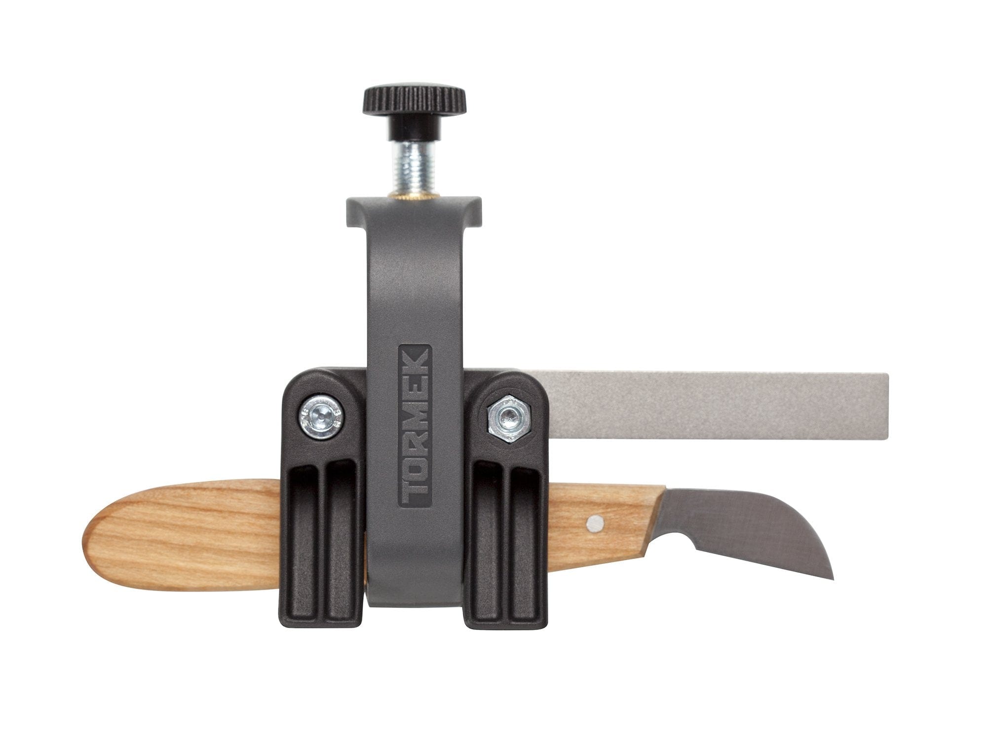 The TOR Tormek Small Knife Holder is ideal for those needing precise sharpening of small knife blades, securely holding a wood-handled knife with an adjustable screw on top, and featuring an adjacent sharpening stone.