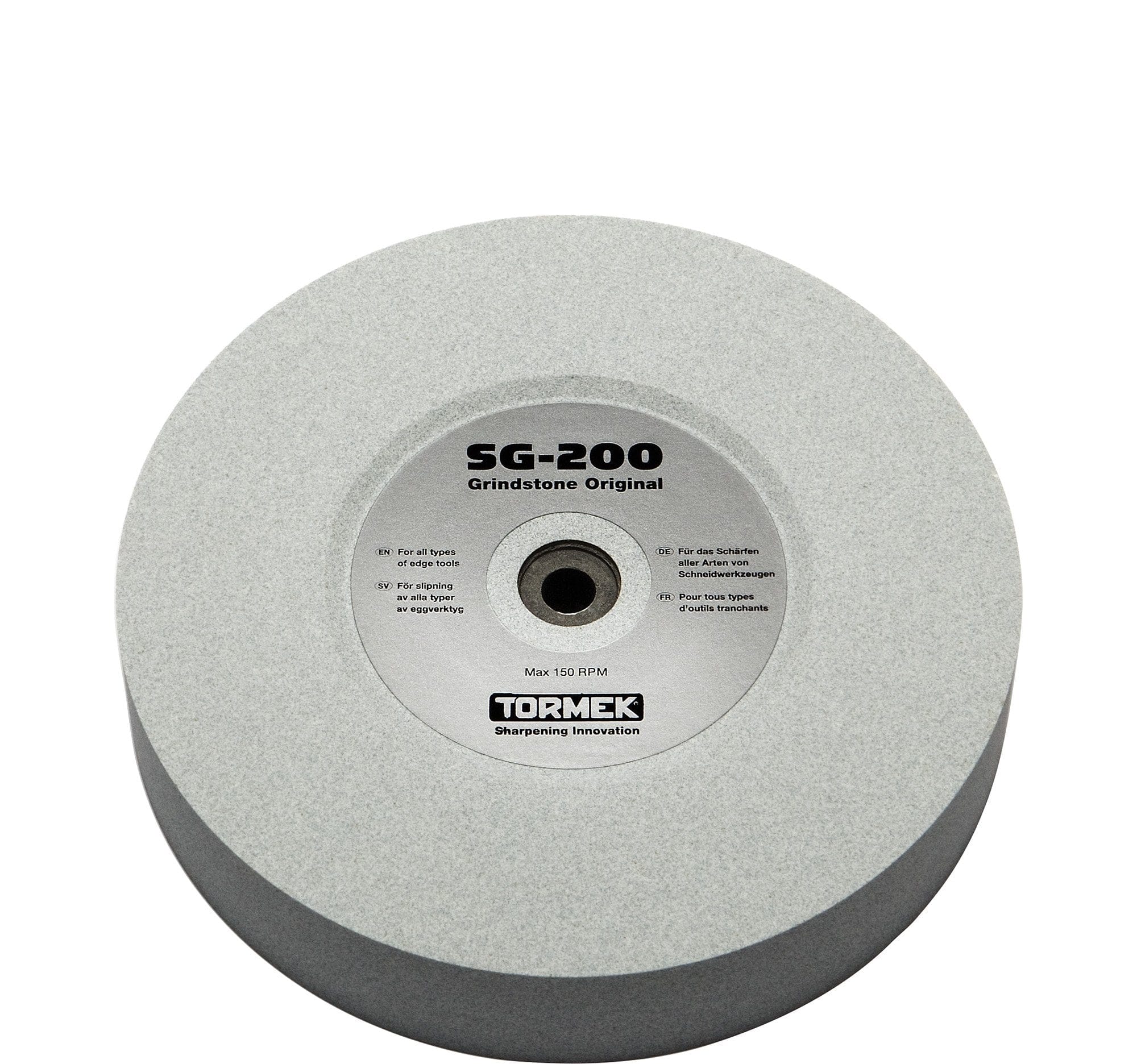 The TOR Tormek Original Grindstone T-4/T-8 is a round, gray wheel with specs on its center hub, designed for efficient steel removal; shown against a white background.