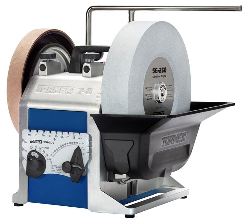 The TOR Tormek T-8 Original is a water-cooled sharpening system with a grinding wheel, honing wheel, and adjustable angle guide for achieving a razor-sharp edge.