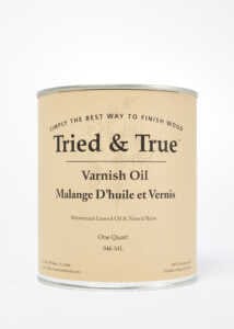 A one-quart can of TRD's Tried & True Varnish Oil Finish, ideal for interior woodwork, featuring the text "Simply the Best Way to Finish Wood" and "Polymerized Linseed Oil & Natural Resin" on the label.
