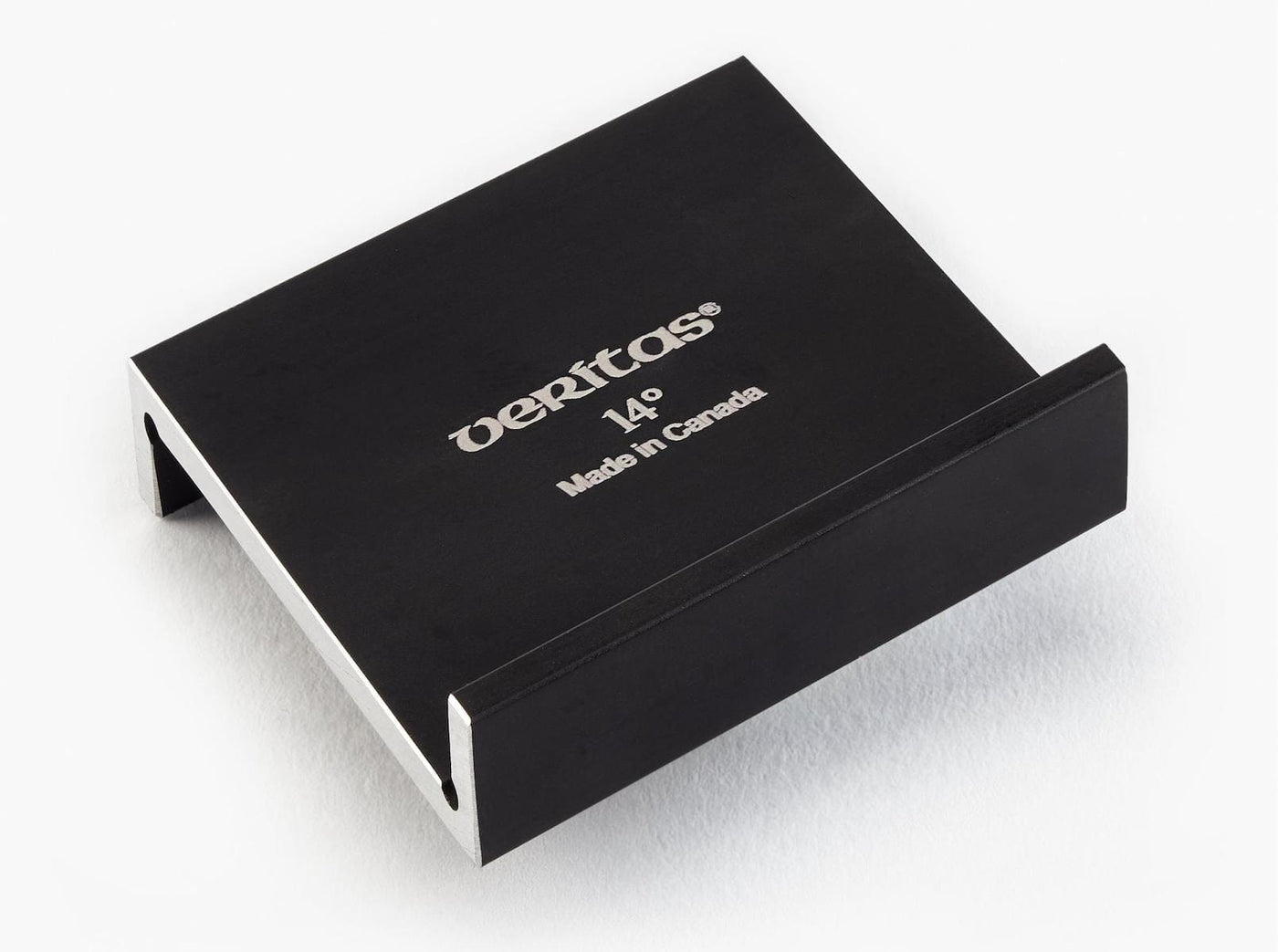 The VER Veritas Dovetail Markers 14 Degrees is a black Canadian-made anodized aluminum tool for woodworking, featuring angled sides and engraved text on top.