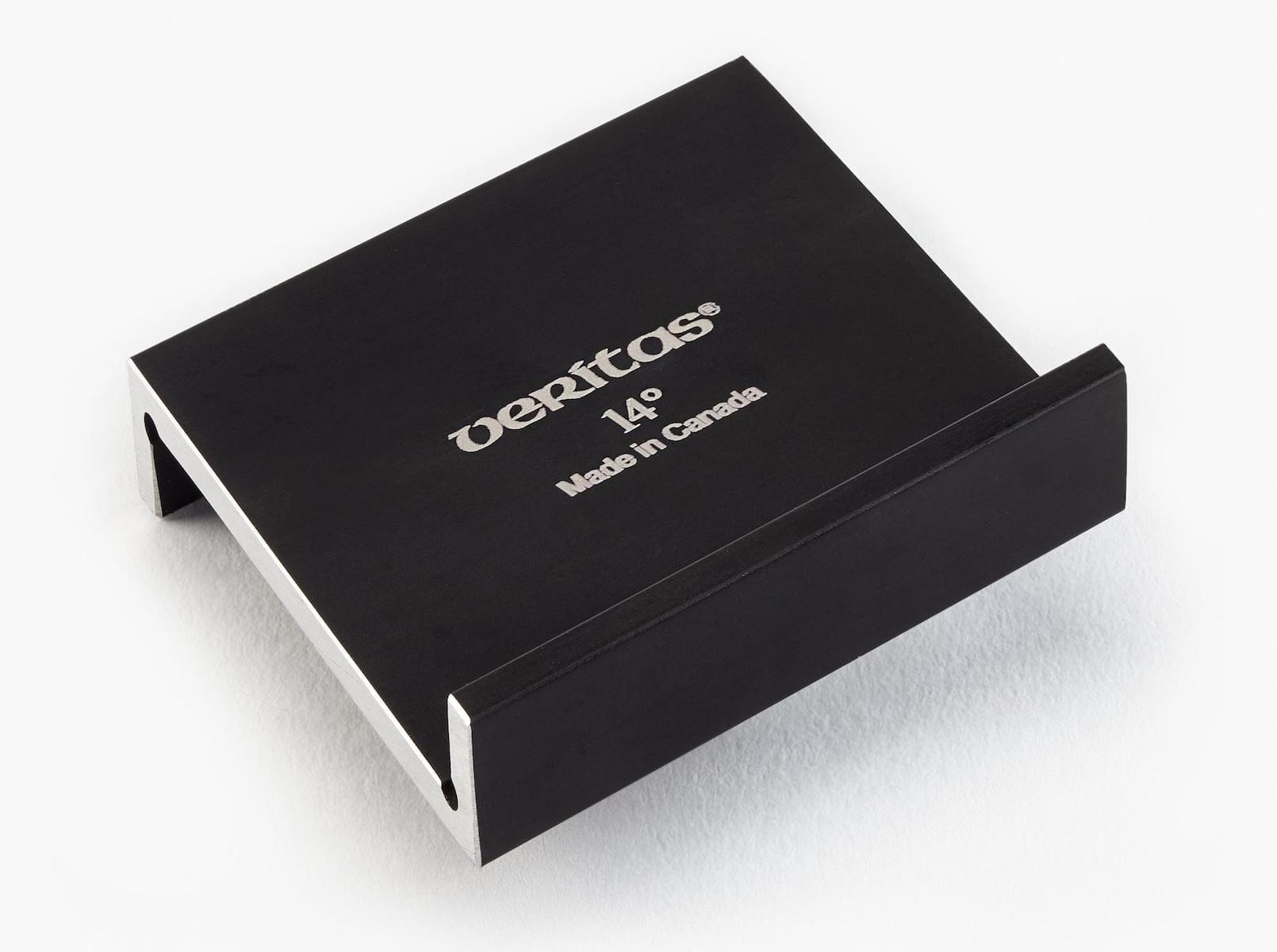 The VER Veritas Dovetail Markers 14 Degrees is a black Canadian-made anodized aluminum tool for woodworking, featuring angled sides and engraved text on top.