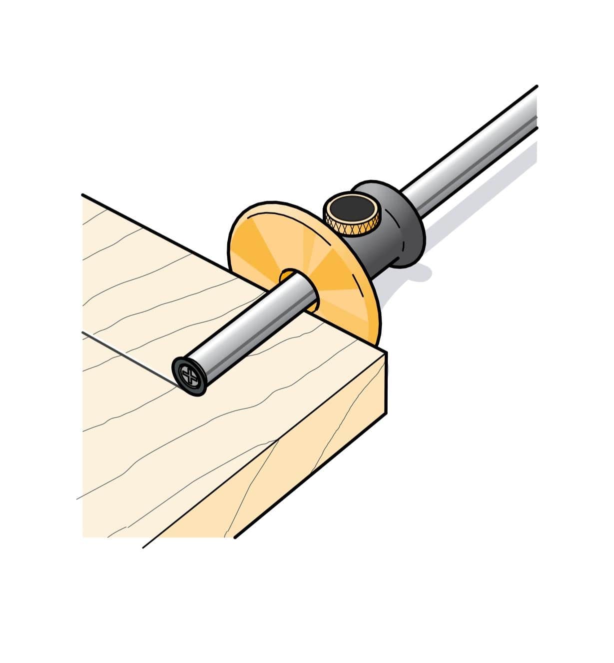 The VER Wheel Marking Gauge features a metal rod that passes through a round yellow guide into light-colored wood, making it ideal for precise woodworking measurements.