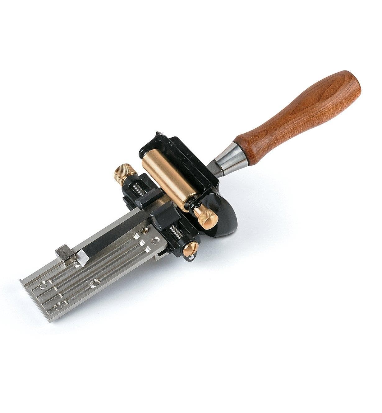 The MKII NARROW BLADE HONING GUIDE by VER is a precision woodworking tool equipped with a wooden handle, metal components, and adjustment knobs. It's specifically designed for cutting and measuring tasks and features a narrow honing guide to ensure consistent blade sharpening.