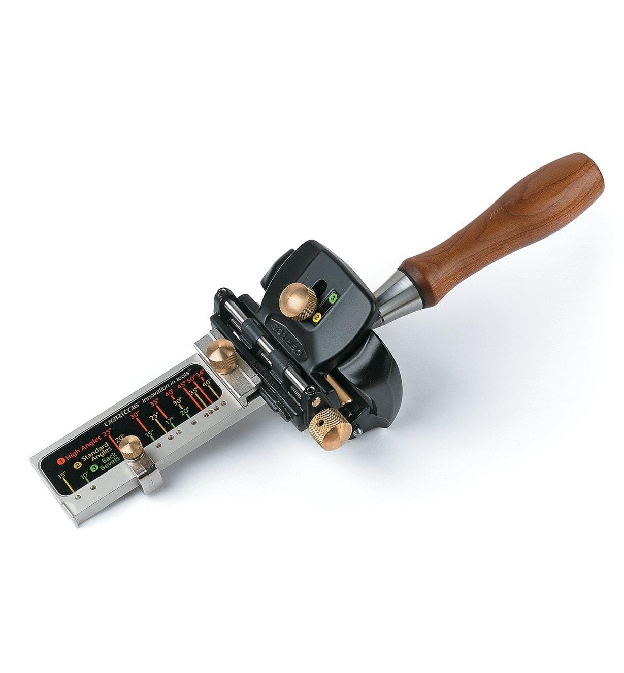 The VER MKII Narrow Blade Honing Guide is a precision woodworking tool featuring a wooden handle, metal body, and measuring gauge, expertly designed for consistent honing and blade sharpening.