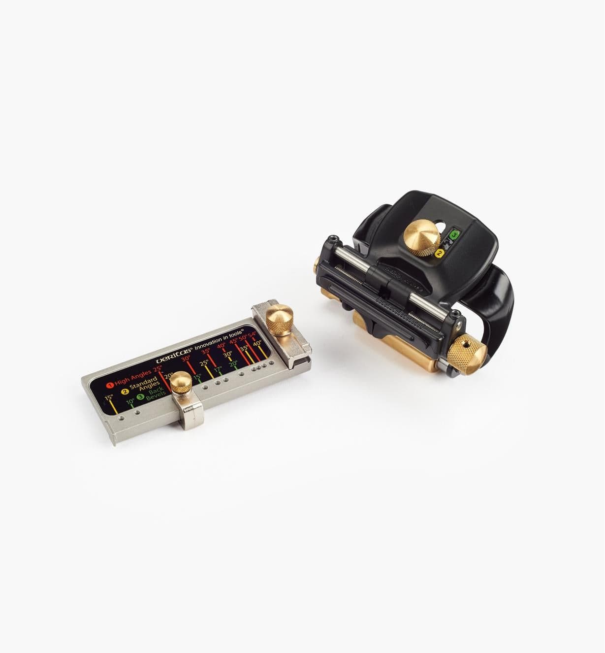 Close-up of the MKII NARROW BLADE HONING GUIDE by VER, a precision angle measuring tool featuring a digital display and an adjustable component for setting and verifying angles. Perfect for consistent honing and blade sharpening, this tool boasts a sleek black and metallic design with gold accents.