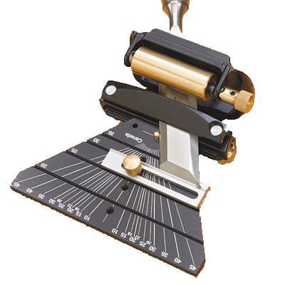 Close-up of a precision angle measuring tool with a protractor-like base, adjustable arms, and a clamping mechanism for precise angle settings, making it ideal for use with the VER Veritas MKll Skew Jig.