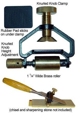 The Veritas Honing Guide by VER includes a knurled knob clamp, brass roller, and chisel slot. It has a rubber pad under the clamp for sharpening techniques. Note: Chisels and stones are not included.
