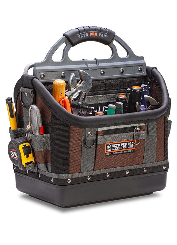 The Veto Pro Pac Large Open Top Tool Bag by VET is a compact yet versatile bag designed for contractors, featuring various hand tools such as wrenches, screwdrivers, and pliers. Constructed from rugged materials, this tool bag is equipped with multiple compartments and includes a handle for easy carrying.