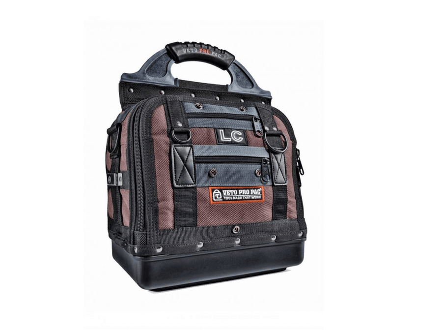 The VET Veto Pro Pac Small Compact Tool Bag is a black and red tool storage solution featuring multiple compartments and a sturdy handle, perfect for any tradesman. The "Small Compact" label on the front ensures you're getting quality and durability in one efficient package.