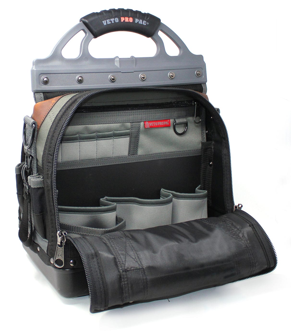 The VET Veto Pro Pac Tech-LC Large Tech Tool Bag, in grey and black, is built for service technicians with a sturdy handle, open zipper, and multiple compartments for organized HVAC tool storage.