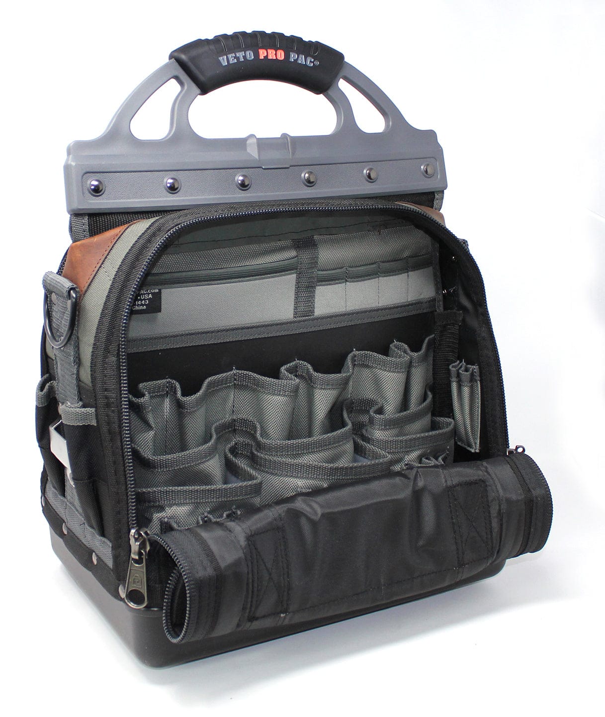 The VET Veto Pro Pac Tech-LC Large Tech Tool Bag in black and gray features an open front with multiple empty, organized pockets, making it ideal for HVAC tool storage, and includes a sturdy gray handle on top.