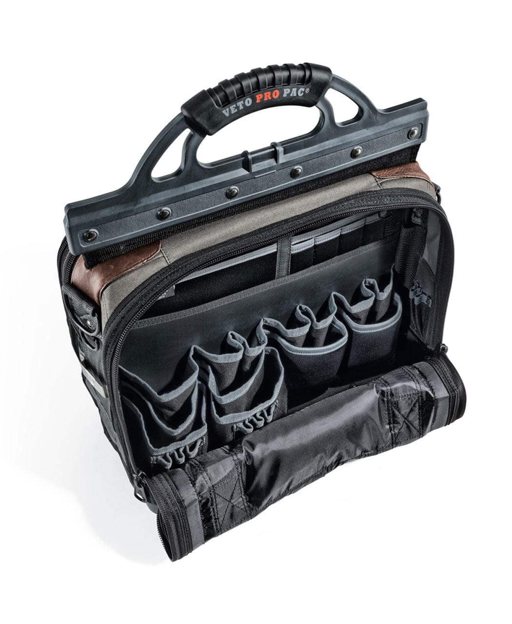 A black Veto Pro Pac XLT Laptop Tool Bag from VET, with the front compartment open, revealing organized slots for storing various tools, making it a versatile tech bag for professionals.