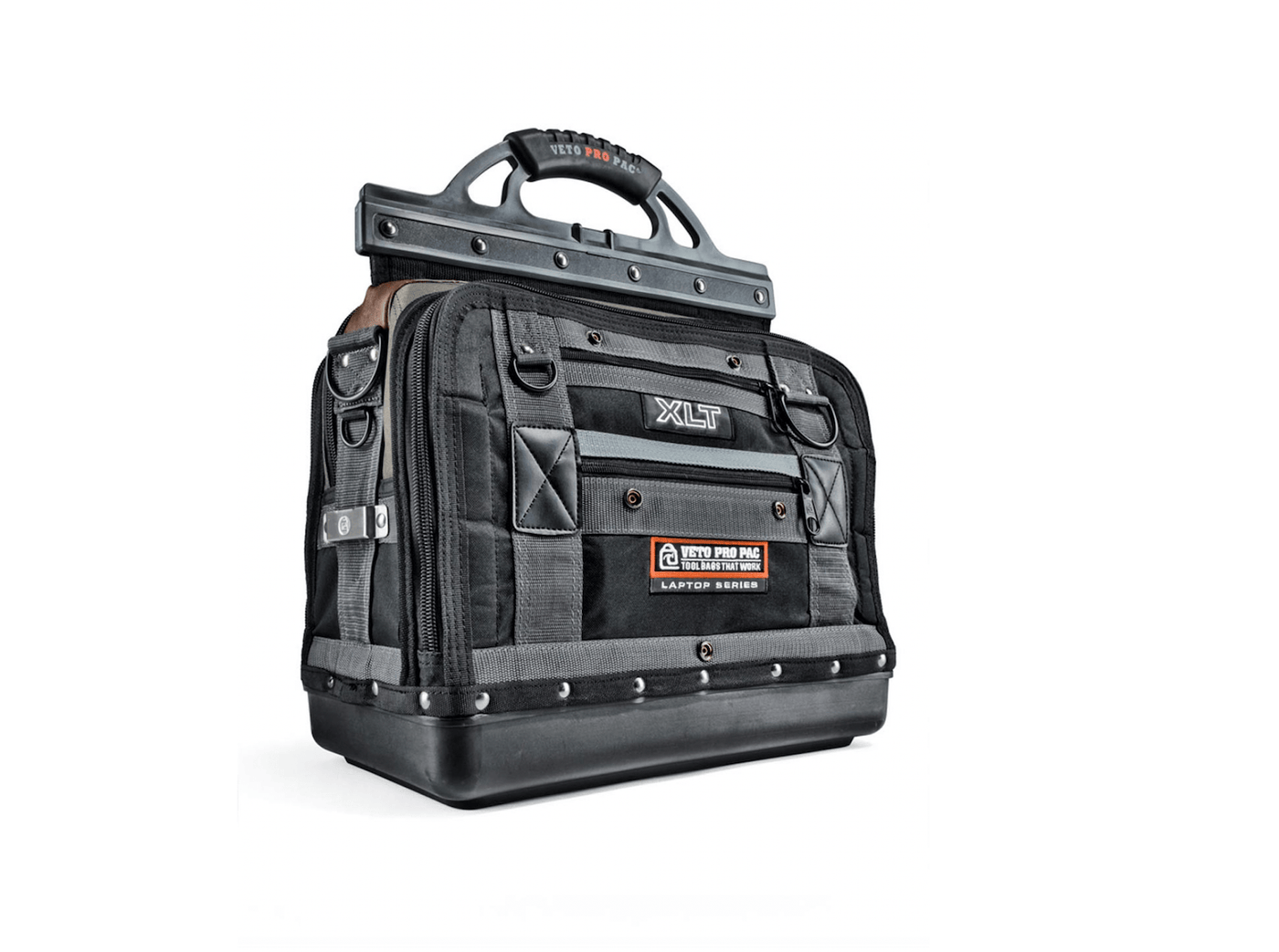 A black and gray tool bag with multiple compartments and a rubberized base, featuring a sturdy handle and label reading "VET Veto Pro Pac XLT Laptop Tool Bag," making it the ultimate tool storage solution.