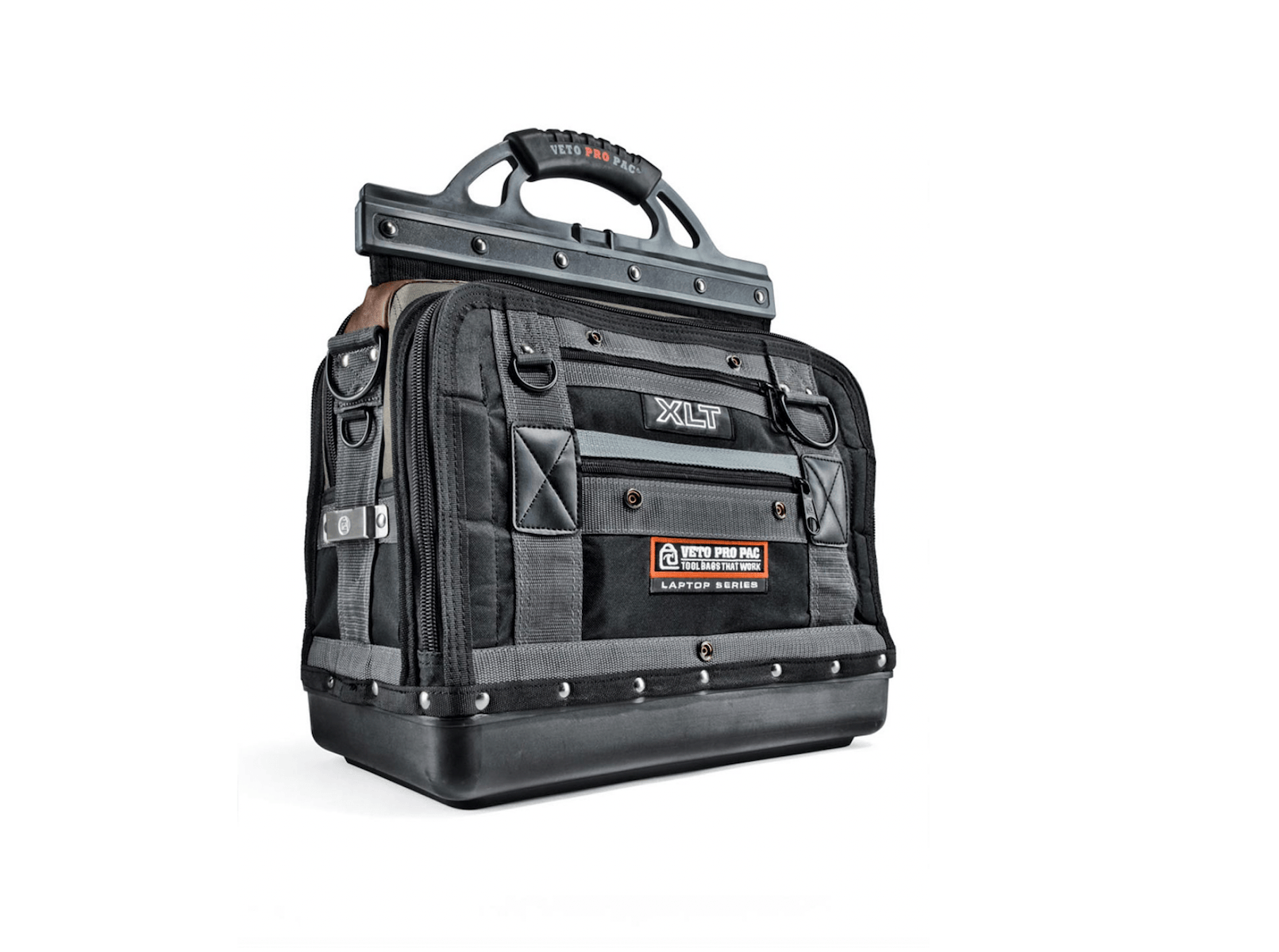 A black and gray tool bag with multiple compartments and a rubberized base, featuring a sturdy handle and label reading "VET Veto Pro Pac XLT Laptop Tool Bag," making it the ultimate tool storage solution.