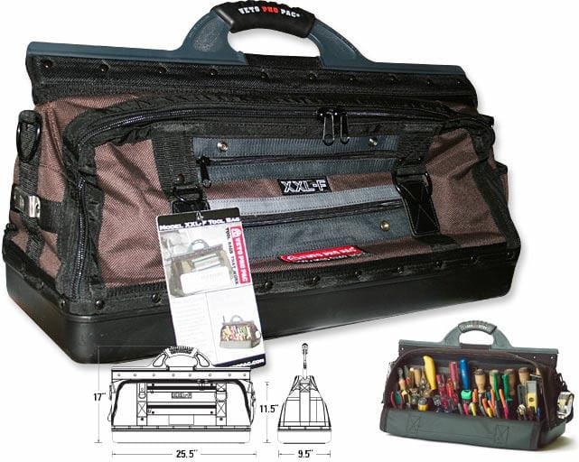 The VET Veto Pro Pac XXL-F Long Bag is a large, black and brown durable tool bag with multiple zippered pockets, an ergonomic handle, product tags, and technical diagrams of its dimensions. Another image shows the waterproof bag filled with hand tools.