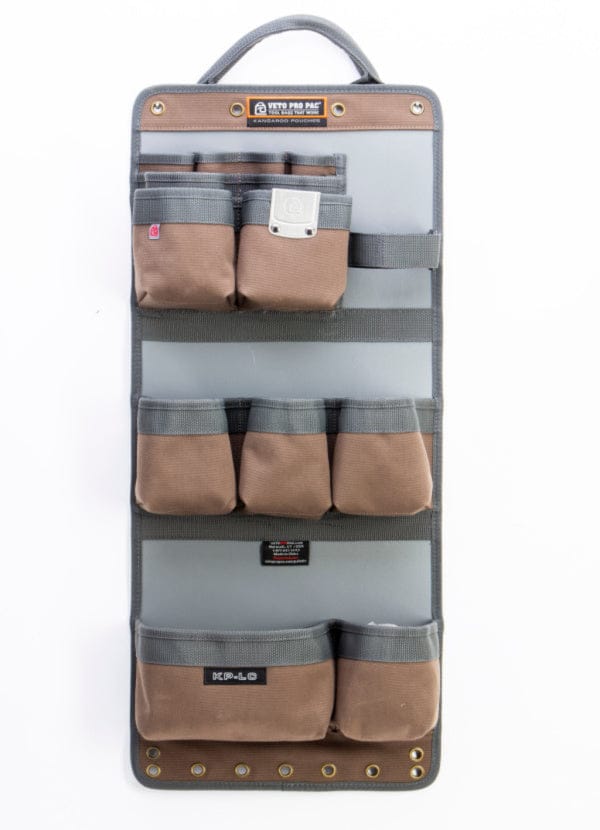 The VET Veto Propac Tool Organizer features three rows of brown and gray fabric pockets in various sizes, providing maximized capacity and efficient storage for tools or accessories.