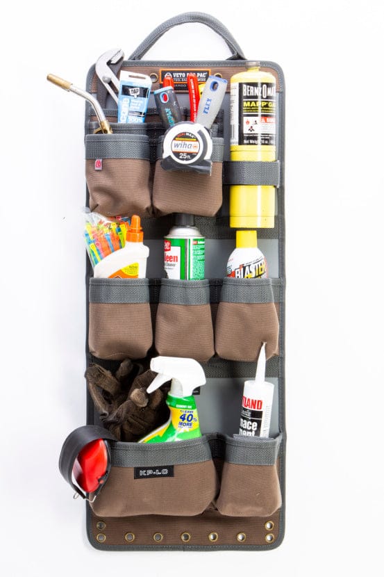 The VET Veto Propac Tool Organizer in brown and gray offers maximized capacity with multiple pockets, efficiently storing tape measures, glue, oil, spray, markers, gloves, ear protection, and small tools.
