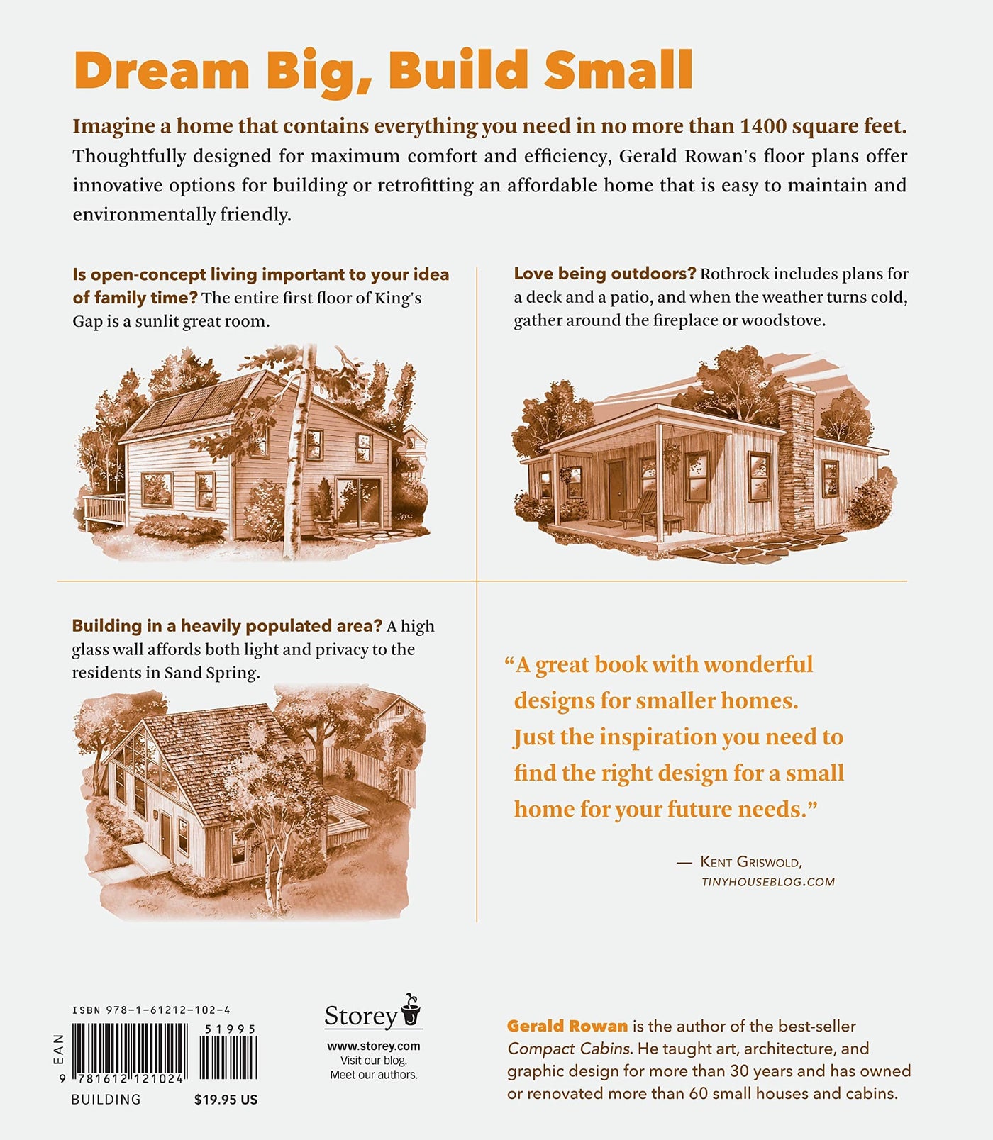 Back cover of the book "Compact Houses: 50 Creative Floor Plans for Well-Designed Small Homes" by Workman-Storey, featuring a summary, author bio, price, ISBN, and images of innovative floor plans designed for maximizing space in small houses.