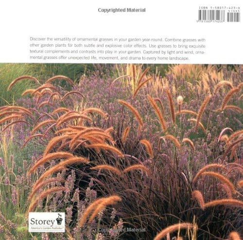 A lush field of Workman-Storey's Grasses with tall, feathery plumes blowing in the wind. Text at the top promotes the use of such grasses and garden flowers for year-round visual interest, movement, and erosion control in gardens.